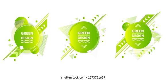 Modern fluid green color badges set. Abstract shapes composition geometric lines retro volume set banner trend art hipster style white background ecology