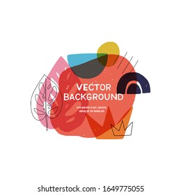 Modern fluid shapes layout with hand drawn elements. Floral motif abstract banner with copy space. Overlapping tropical leaves and simple shapes template for cover, leaflet, blog, newsletter, vlog