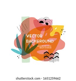 Modern fluid shapes layout with hand drawn elements. Floral motif abstract banner with copy space. Overlapping tropical leaves and simple shapes template for cover, apparel, blog, newsletter, vlog