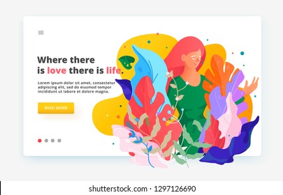 Modern fluid style website illustration. Web page design template. Woman in fantasy leaves and flowers. Woman gardening illustration. Female subjects of a site cosmetics, body care, motivational.