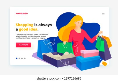 Modern fluid style website illustration. Web page design template. after shopping with purchases. Online Shopping for Women. Female subjects of a site: online shop, fashion, motivational.