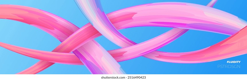 Modern fluidity composition banner. Abstract wavy 3D liquid shapes on blue background. Art fluid abstraction pattern print design. Gradient flowing plastic stroke weaving on trendy eps poster template