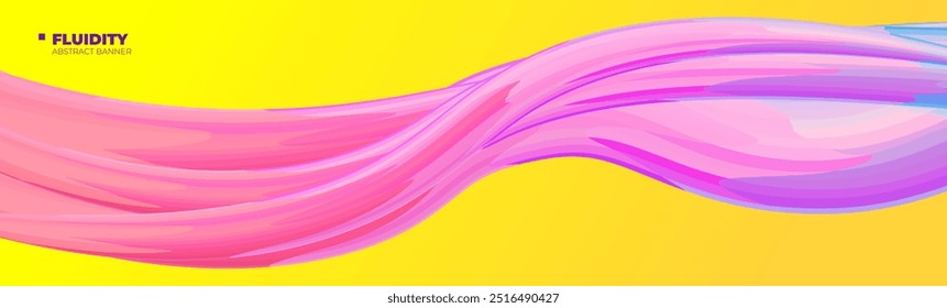 Modern fluidity composition banner. Abstract wavy 3D liquid shapes on yellow background. Art fluid abstraction pattern print design. Gradient flowing plastic stroke on trendy poster template. Eps