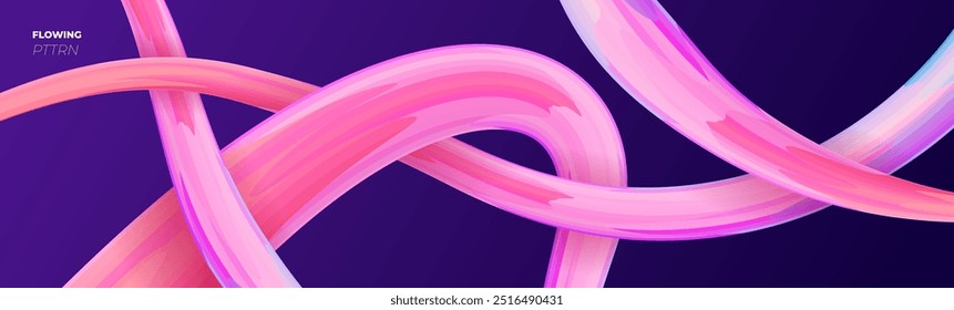 Banner horizontal de fluidez moderna. Formas líquidas 3D onduladas abstratas sobre fundo azul escuro. Design de impressão de padrão de abstração de fluido de arte. Gradiente fluxo de plástico traço tecelagem no modelo de cartaz da moda