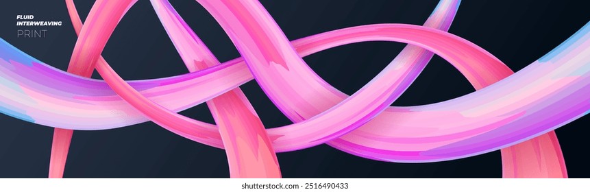 Modern fluidity horizontal banner. Abstract wavy 3D liquid shapes on dark background. Art fluid abstraction pattern print design. Gradient flowing plastic stroke weaving on trendy eps poster template