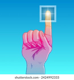 Modern fluorescent color illustration of a hand making the gesture of clicking on a button with its finger.