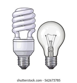 Modern fluorescent, energy saving and traditional tangsten light bulb, sketch style vector illustration isolated on white background. Realistic hand drawing of fluorescent and tungsten light bulbs