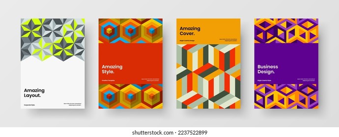Modern flyer A4 design vector template composition. Simple geometric hexagons company identity layout set.