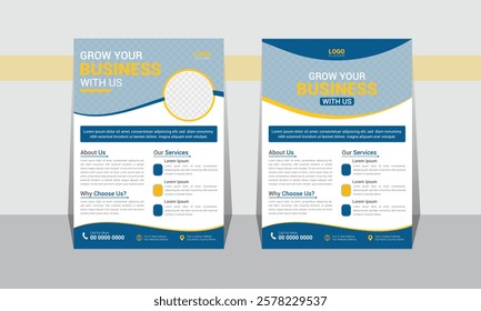 Modern flyer design for advertising promotion and growth company. abstract flat flyer design. Navy blue black and yellow color flyers. creative unique nice clean design. Half-page A4 flyer free mockup