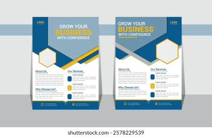 Modern flyer design for advertising promotion and growth company. abstract flat flyer design. Navy blue black and yellow color flyers. creative unique nice clean design. Half-page A4 flyer free mockup