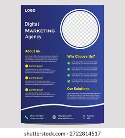Modern Flyer Layout for Clean Visual Communication. This modern flyer layout is designed for clean visual communication and clear message presentation. The structured design helps organize headlines, descriptive text, images, and essential information in a balanced way. Readable typography and thoughtful spacing improve clarity and visual flow. Suitable for printed flyers, posters, and digital sharing. The flexible layout allows easy customization of colors, images, and text to match different themes while maintaining a polished appearance.

Digital marketing agency brochure template with blue background and white checkered circle Page Layout isolated on transparent background