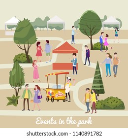 Modern flyer or poster template, Different various people characters, men and women in the park, outdoor festival with ice cream seller, walking people, buying and selling goods at park. on vacation