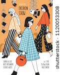 Modern flyer or poster template for fashion show with top models wearing trendy haute couture clothing and demonstrating it on runway. Colorful hand drawn vector illustration for event announcement