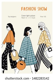 Modern Flyer Or Poster Template For Fashion Show With Young Female Models Wearing Trendy Clothes And Demonstrating It On Runway Or Doing Catwalk. Hand Drawn Vector Illustration For Event Announcement.