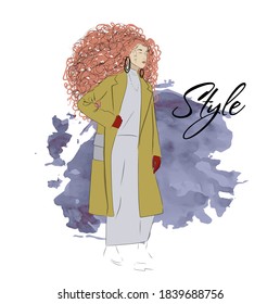 Modern flyer or poster template for fashion show with top model dressed in trendy high fashion clothing. Colorful hand drawn vector illustration for event announcement. Beautiful stylish girls in a gr