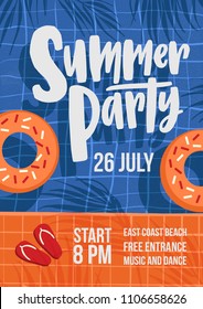 Modern flyer or poster template for summer open air party with swimming pool, swim rings, shadows of palm trees and flip flops and place for text. Vector illustration for seasonal event promotion.