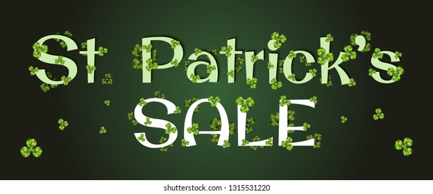 Modern flyer for St. Patrick party, Sale Design. Clover leaf around text. Elegant Promotional Poster with shamrock. Trefoil confetti. Irish symbols of the holiday. Template for Coupon, Banner, Voucher