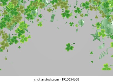 Modern flyer for St. Patrick's party. with green four and tree leaf clovers on balloons background. Vector illustration. Party invitation There is space for text. Happy St. Patrick's Day.