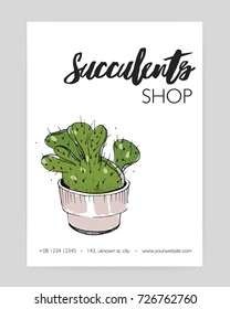 Modern flyer template with green cactus growing in pot hand drawn on white background. Desert plant with thorns, decorative potted succulent. Vector illustration for floristry shop advertisement.