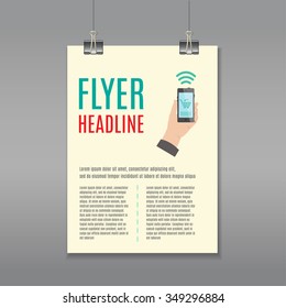 Modern flyer template. Illustration with a hand holding a smart phone. Brochure, banner, poster. A4 paper size. Vector 10EPS file.