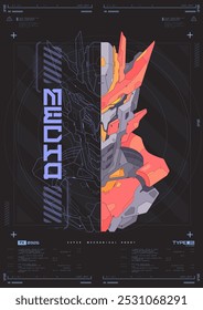 Folleto moderno para Web e impresión. hacking, póster futurista Cyberpunk. Cara de robot mecha futurista. Plantilla de cartel Abstractas técnico con Elementos HUD.