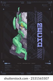 Modern flyer for web and print. hacking, Cyberpunk futuristic poster. Futuristic mecha robot face. Tech Abstract poster template with HUD elements.