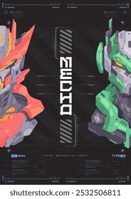 Modern flyer for web and print. hacking, Cyberpunk futuristic poster. Futuristic mecha robot face. Tech Abstract poster template with HUD elements.