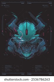 Modern flyer for web and print. hacking, Cyberpunk futuristic poster. Futuristic mecha robot face. Tech Abstract poster template with HUD elements.