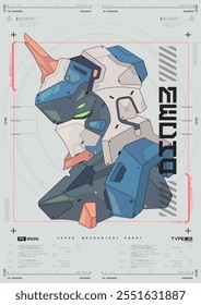 Modern flyer for web and print. hacking, Cyberpunk futuristic poster. Futuristic mecha robot face. Tech Abstract poster template with HUD elements.