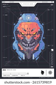 Modern flyer for web and print. hacking, Cyberpunk futuristic poster. Futuristic mecha robot face. Tech Abstract poster template with HUD elements.