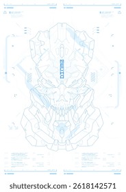 Panfleto moderno para web e impressão. hacking, poster futurista Cyberpunk. Rosto de robô mecha futurista. Modelo de poster do Tech Abstract com elementos HUD.