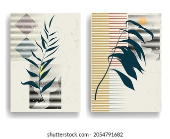 Volantes modernos con elementos de diseño minimalista. Arte botánico. Antecedentes al estilo Boho . Arte mural, deco doméstico. Afiches contemporáneos con hojas y formas geométricas.Volantes abstractos vectoriales.
