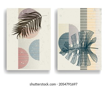 Modern flyers with minimalist design elements . Botanical art. Backgrounds in Boho style  . Wall art , home deco . Contemporary posters with leaves and geometric shapes .Vector abstract flyers.