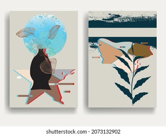 Modern flyers with minimalist design elements . Botanical art. Backgrounds in Boho style  . Wall art , home deco . Contemporary posters with leaves and geometric shapes .Vector abstract flyers.