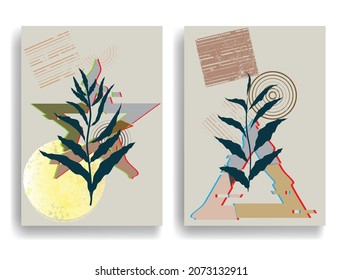 Volantes modernos con elementos de diseño minimalista. Arte botánico. Antecedentes al estilo Boho . Arte mural, deco doméstico. Afiches contemporáneos con hojas y formas geométricas.Volantes abstractos vectoriales.