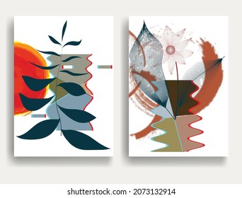 Modern flyers with minimalist design elements . Botanical art. Backgrounds in Boho style  . Wall art , home deco . Contemporary posters with leaves and geometric shapes .Vector abstract flyers.