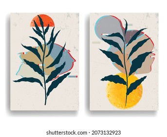 Modern flyers with minimalist design elements . Botanical art. Backgrounds in Boho style  . Wall art , home deco . Contemporary posters with leaves and geometric shapes .Vector abstract flyers.