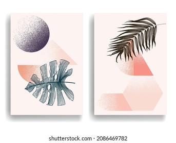 Modern flyers with minimalist design elements . Botanical art. Backgrounds in Boho style  . Wall art , home deco . Contemporary posters with leaves and geometric shapes .Vector abstract flyers.