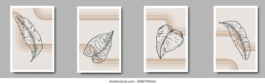 Volantes modernos con Elementos de diseño minimalistas . Arte botánico. Fondos en estilo Boho . Arte mural , decoración casera . Afiches contemporáneos con hojas y Formas geométricas .