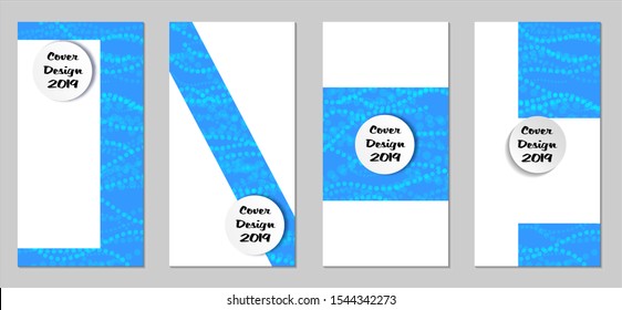 Modern Flyers with Small Circles. Set of Technic Colorful Posters with Light Blue Beads. Trendy Vertical Banners Design with White Form. Sale Brochures. Vacation Ads. Tech Backgrounds.