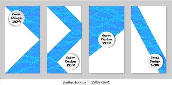 Modern Flyers with Small Circles. Set of Technic Colorful Posters with Light Blue Beads. Trendy Vertical Banners Design with White Form. Sale Brochures. Vacation Ads. Tech Backgrounds.