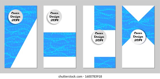 Modern Flyers with Small Circles. Set of Technic Colorful Posters with Light Blue Beads. Trendy Vertical Banners Design with White Form. Sale Brochures. Vacation Ads. Tech Backgrounds.