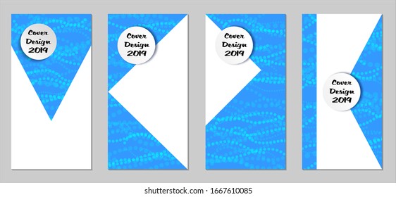 Volantes modernos con pequeños círculos. Juego de carteles técnicos coloridos con cuentas azules claras. Diseño de banners verticales con forma blanca. Folletos de venta. Anuncios de vacaciones. Fondos tecnológicos.