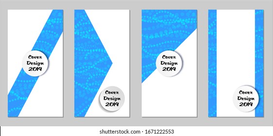 Volantes modernos con pequeños círculos. Juego de carteles técnicos coloridos con cuentas azules claras. Diseño de banners verticales con forma blanca. Folletos de venta. Anuncios de vacaciones. Fondos tecnológicos.