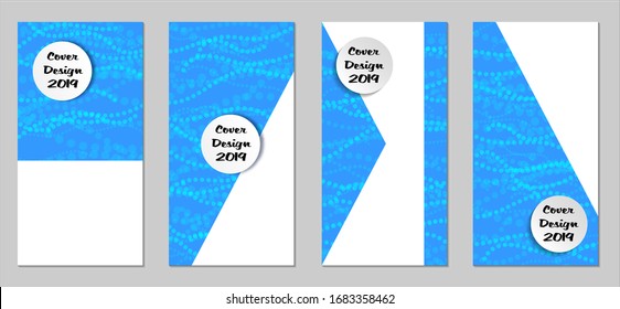 Volantes modernos con pequeños círculos. Juego de carteles técnicos coloridos con cuentas azules claras. Diseño de banners verticales con forma blanca. Folletos de venta. Anuncios de vacaciones. Fondos tecnológicos.