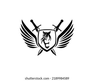 Modern Flying horse Head Logo. Creative Simple horse and 2 Crossed Swords Vector Illustration.