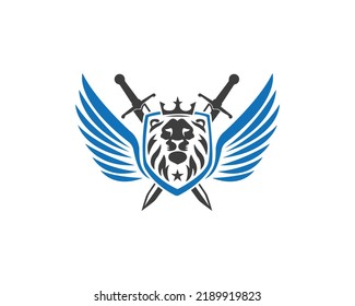 Modern Flying Lion Head Logo. Creative Simple lion and 2 Crossed Swords Vector Illustration.