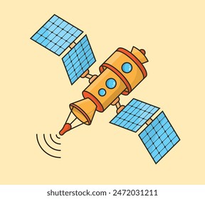 Modern flying satellite with wiresess transmission and solar system flat cartoon illustration on isolated background