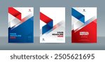 Modern folding ribbon theme book cover template in white, red, blue color. A4 size book cover template for annual report, magazine, booklet, proposal, portfolio, brochure, poster