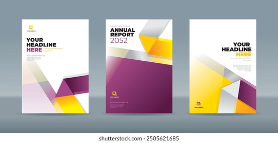 Modern folding ribbon theme book cover template in white, purple, yellow color. A4 size book cover template for annual report, magazine, booklet, proposal, portfolio, brochure, poster